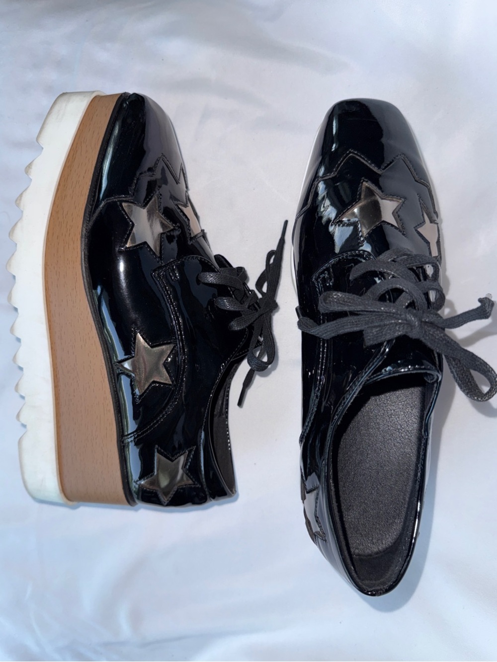 Designer inspired Black Patent Platform Lace-Up Shoes with Star Accents